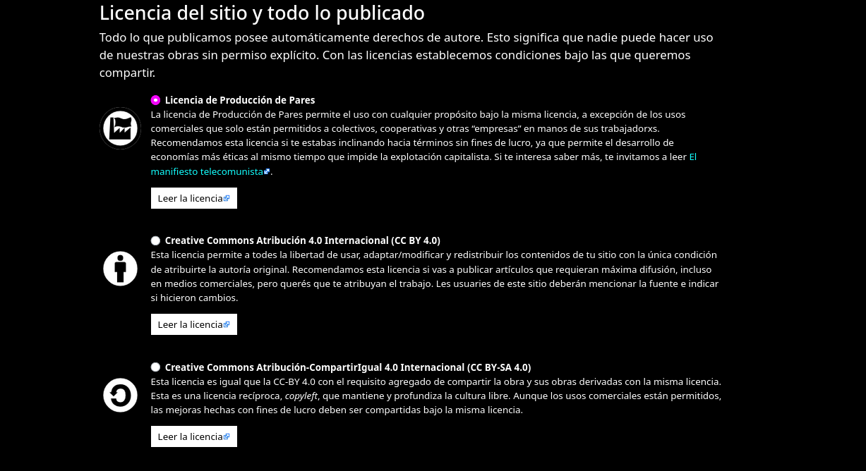 [Lista de licencias con detalles respecto de qué significan. Se pueden ver: Producción de Pares, Creative Commons Atribución y Creative Commons Atribución-CompartirIgual.]