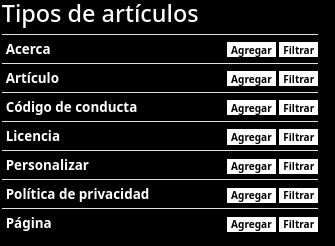 [Lista de tipos de artículo, incluyendo “Acerca”, “Licencia”, y “Artículo”]
